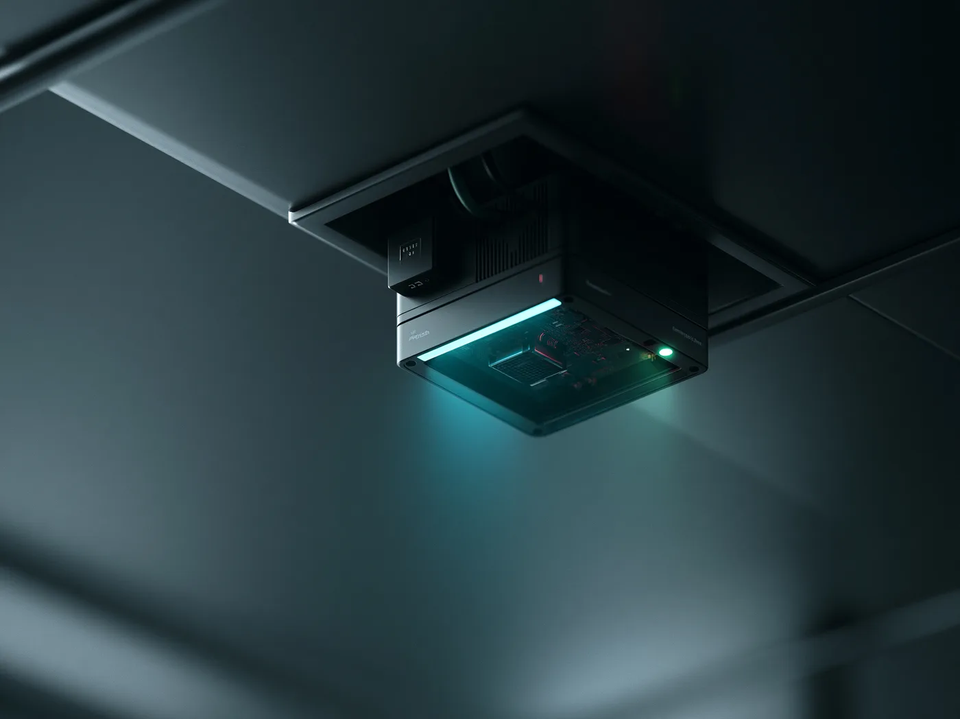 Computador de borde Rutik montado en el techo del bus, con LED cyan activo